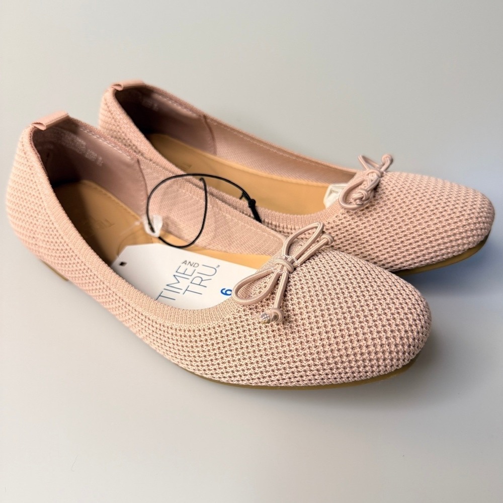 Time and Tru Dusty Blush Knit Bow Ballet Flats